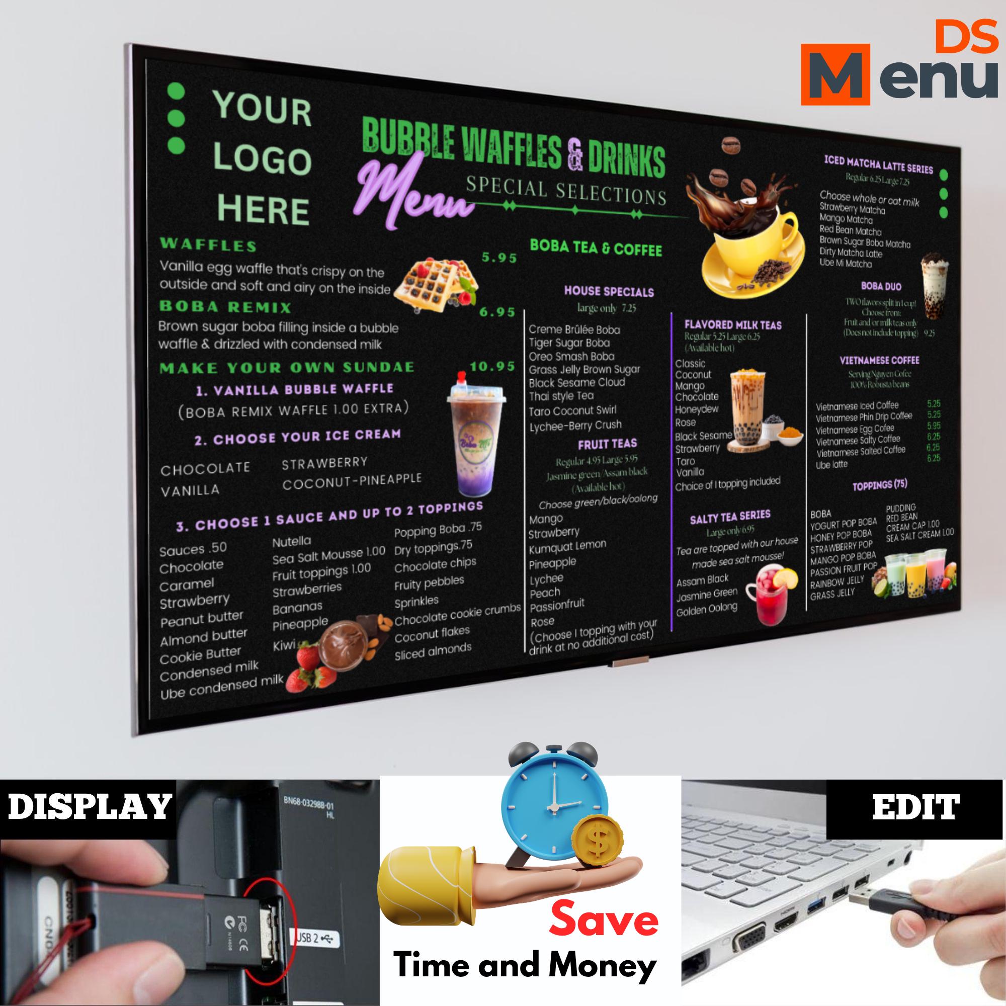 Bubble Waffle Drinks Menu Canva Editable Digital TV Boba Instant Cafe ...
