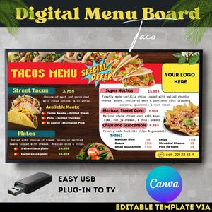Plantilla de tablero de menú de tacos, tablero de menú digital, tablero de menú de restaurante, plantilla de señalización digital, tablero de menú mexicano, plantilla Canva editable.