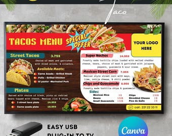 Plantilla de tablero de menú de restaurante de tacos: señalización digital editable (Canva)