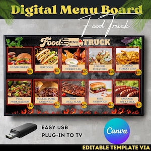 Tablero de menú de food truck, tablero de menú para food truck, tablero de menú de TV, tablero de menú digital, plantilla de Canva editable.