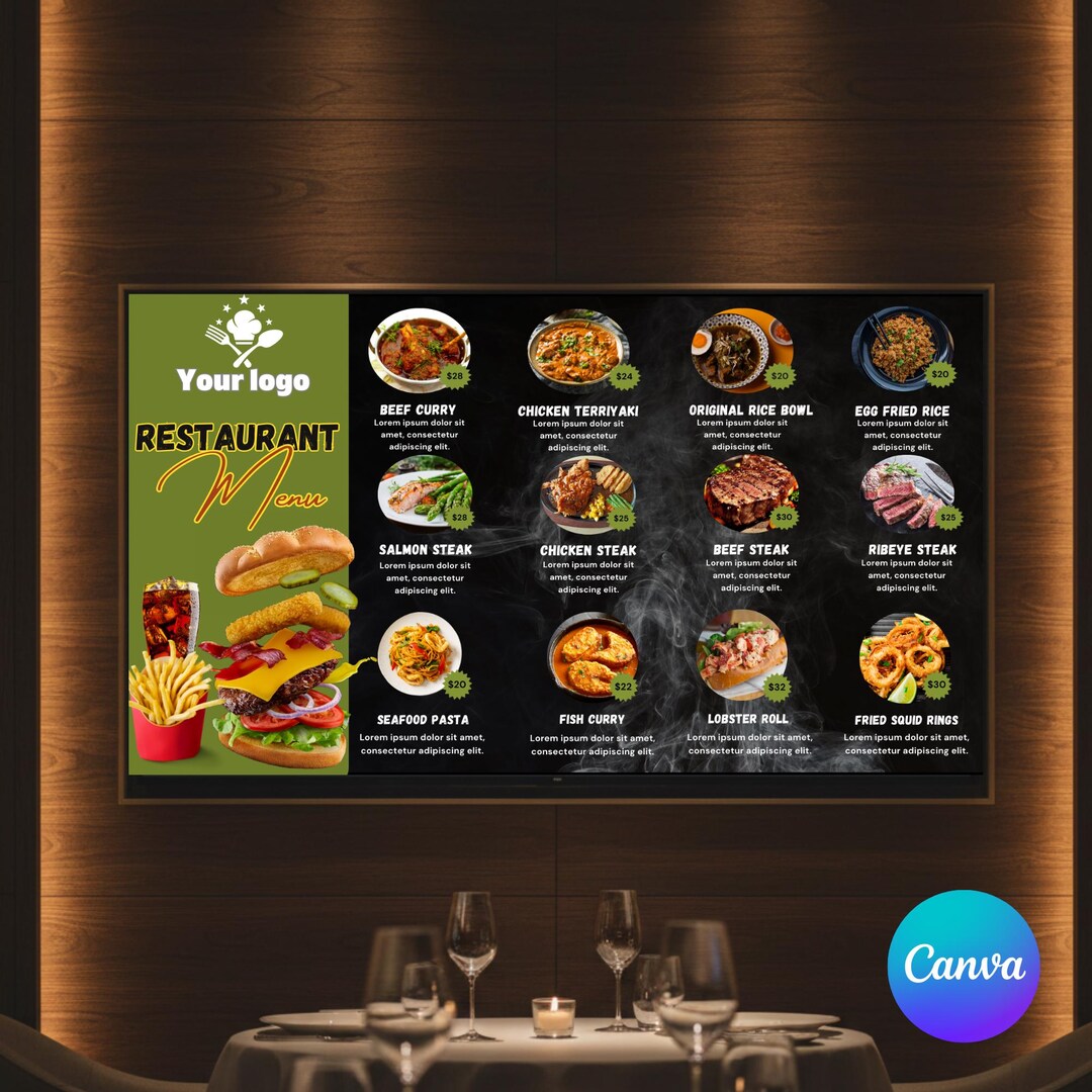 Restaurant TV Menu Board Template Editable Canva - Digital Signage for ...