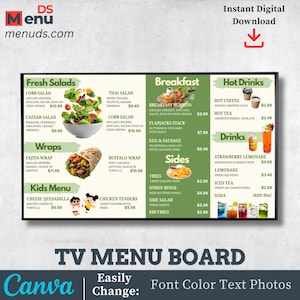 Puede incluir: Una plantilla de menú digital para restaurante con secciones de ensaladas, wraps, menú infantil, desayuno, acompañamientos y bebidas calientes. Incluye fotografías de comida, descripciones y precios en USD, con el texto DS Menu y menuds.com.