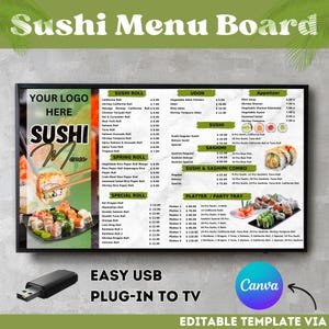 Tablero de menú de sushi, tablero de menú de televisión, ideas de diseño de menú de sushi, tablero de menú de tienda de sushi, tablero de menú para sushi, plantilla de Canva, menú editable.