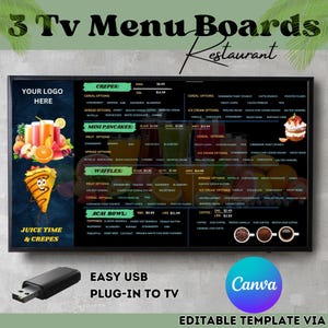 Modèles de menu de jus de fruits et de crêpes, 3 tableaux de menu pour la télévision, liste des prix des boissons, conception d'affiche de jus de fruits, modèle de liste de prix des boissons, modèle de toile modifiable