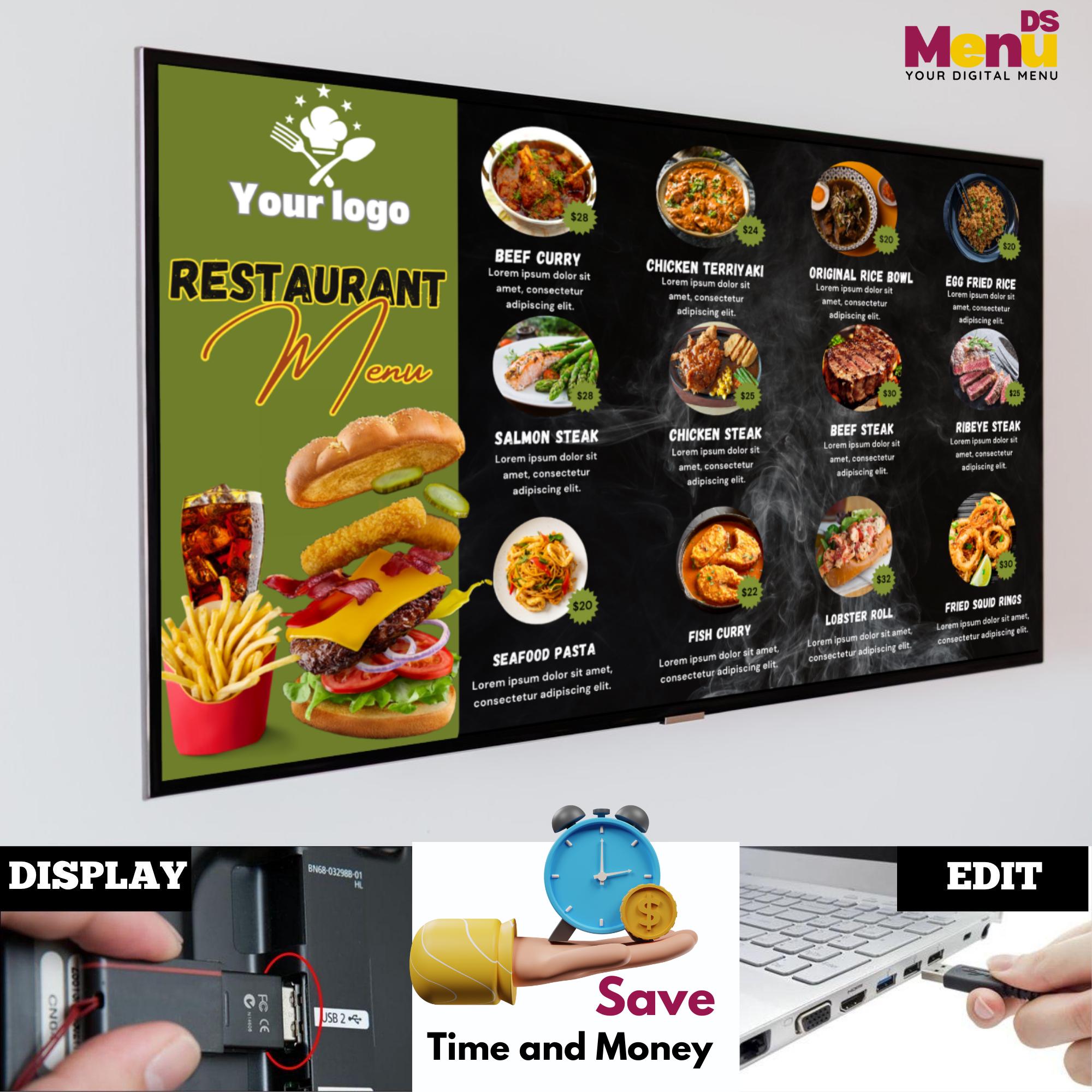 Restaurant TV Menu Board Template Editable Canva - Digital Signage for ...