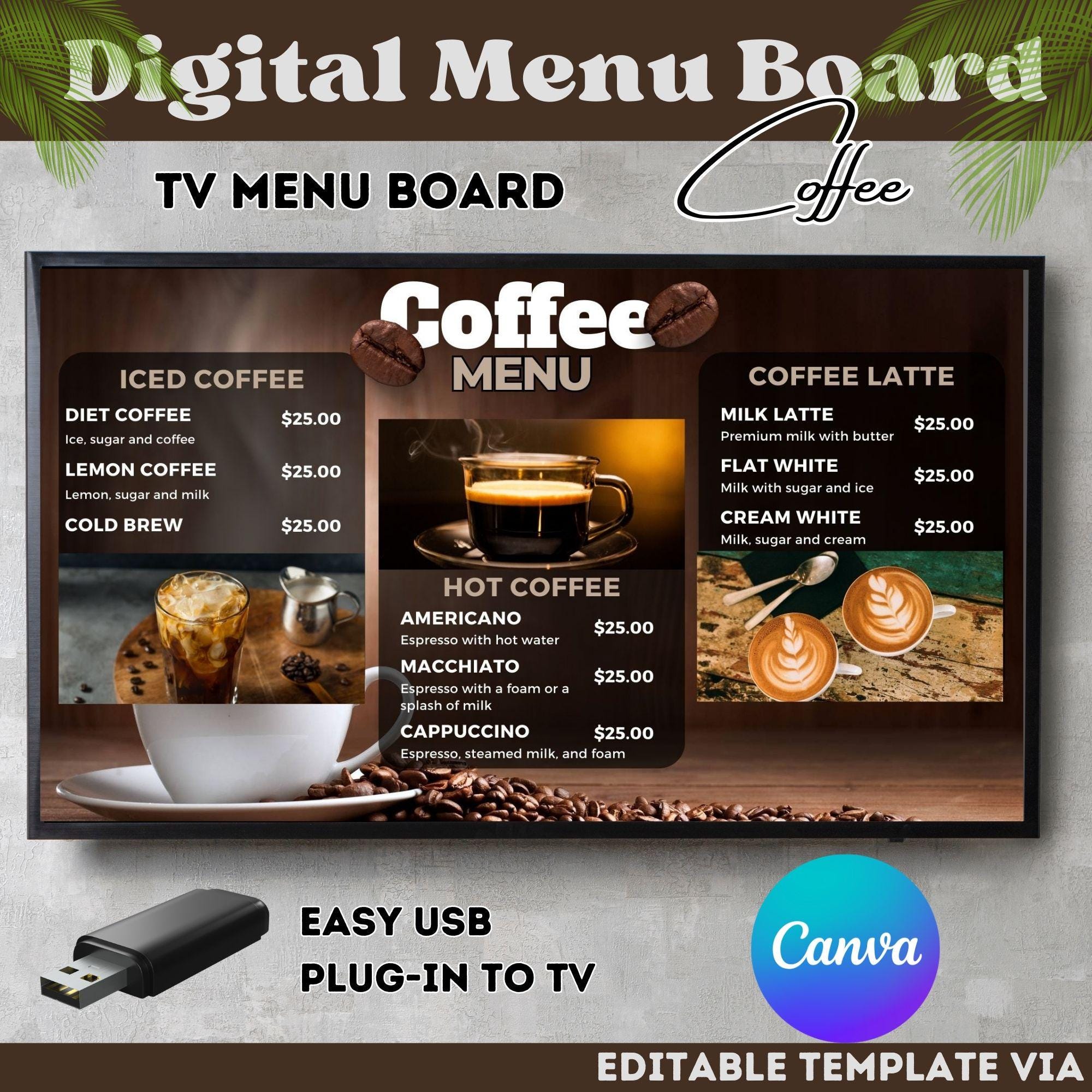 Coffee Shop TV Menu Board Template: DIY Digital Cafe Menu (Canva)