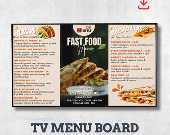 Fast Food TV Menu Board Template | Editable Canva Tacos Quesadillas | Mexican Restaurant Digital Sign