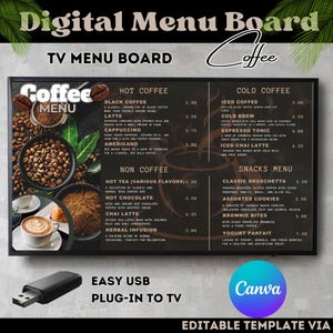 Plantillas de menú digital de café para pantallas de TV / Menú digital fácil de hacer / Menú de cafetería / Diseño de menú de cafetería personalizable