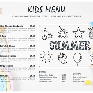 Może przedstawiać: Kolorowe menu dla dzieci z motywem letnim. Menu zawiera r&oacute;żnorodne opcje jedzenia dla dzieci, w tym grillowane kanapki z serem, hot dogi, kurczaka z warzywami i quesadillas. Menu zawiera r&oacute;wnież wyb&oacute;r napoj&oacute;w i deser&oacute;w. Menu jest ozdobione r&oacute;żnymi ilustracjami z motywem letnim, w tym słońcem, truskawką, balonem i pudełkiem soku.