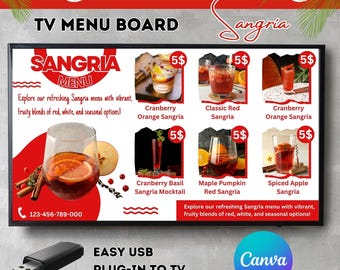 Sangria TV Menu Board Template: Editable Canva Design (Digital Download)