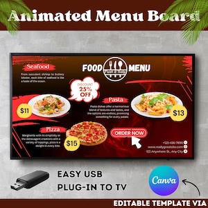 Tablero de menú digital animado, modernice la visualización del menú de su restaurante, tablero de menú de TV animado avanzado: mejore la experiencia de su cliente.