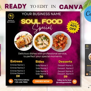 Ulotka Soul Food, ulotka w mediach społecznościowych o specjalnej kolacji, menu kolacji, ulotka o niedzielnej wyprzedaży kolacji, ulotka o wyprzedaży kolacji, szablon menu żywności.