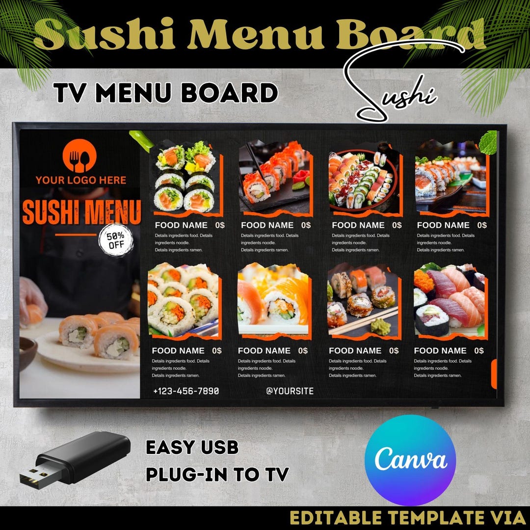 Animated Sushi TV Menu Board: Editable Restaurant Display (canva ...