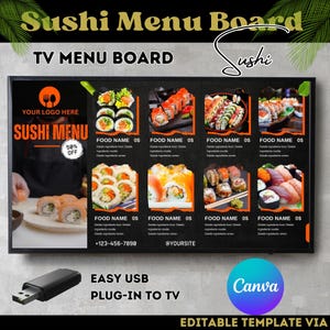 May include: A black digital menu board with a sushi menu template. The board features images of various sushi rolls, the text "Sushi Menu Board", "TV Menu Board", "Sushi", "Your Logo Here", "Sushi Menu", "50% Off", "Food Name", "OS", "@YourSite", "+123-456-7890", "Easy USB Plug-in to TV", and "Canva Editable Template Via".