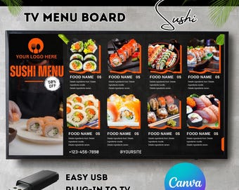 Animated Sushi TV Menu Board: Editable Restaurant Display (Canva Template)