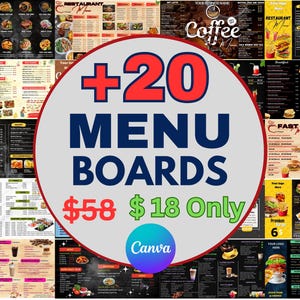 Top + 20 bearbeitbares Canva Restaurant Menu Boards Bundle | Digital-TV-Menüvorlagen | Fast Food Café Sushi Bäckerei Menüs, 1920x1080px