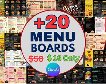 Top +20 bewerkbare canva-restaurantmenubordenbundel | Menusjablonen voor digitale tv | Fast Food Cafe Sushi Bakkerij Menu's, 1920 x 1080 px