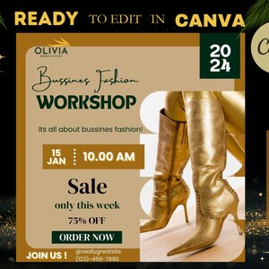 Op de afbeelding: Een gouden en bruine social media-afbeelding adverteert voor een business fashion workshop. De afbeelding toont een paar gouden high-heeled laarzen en de tekst "Bussines Fashion Workshop" met de datum "15 JAN" en de tijd "10.00 AM". De afbeelding bevat ook de tekst "Sale only this week 75% OFF" en "ORDER NOW".