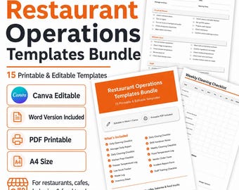Restaurant Operations Templates Bundle, Editable Canva Word Forms, Printable Checklists