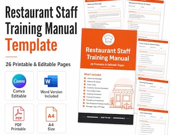 Restaurant Staff Training Manual Template, Editable Canva Word Employee Handbook