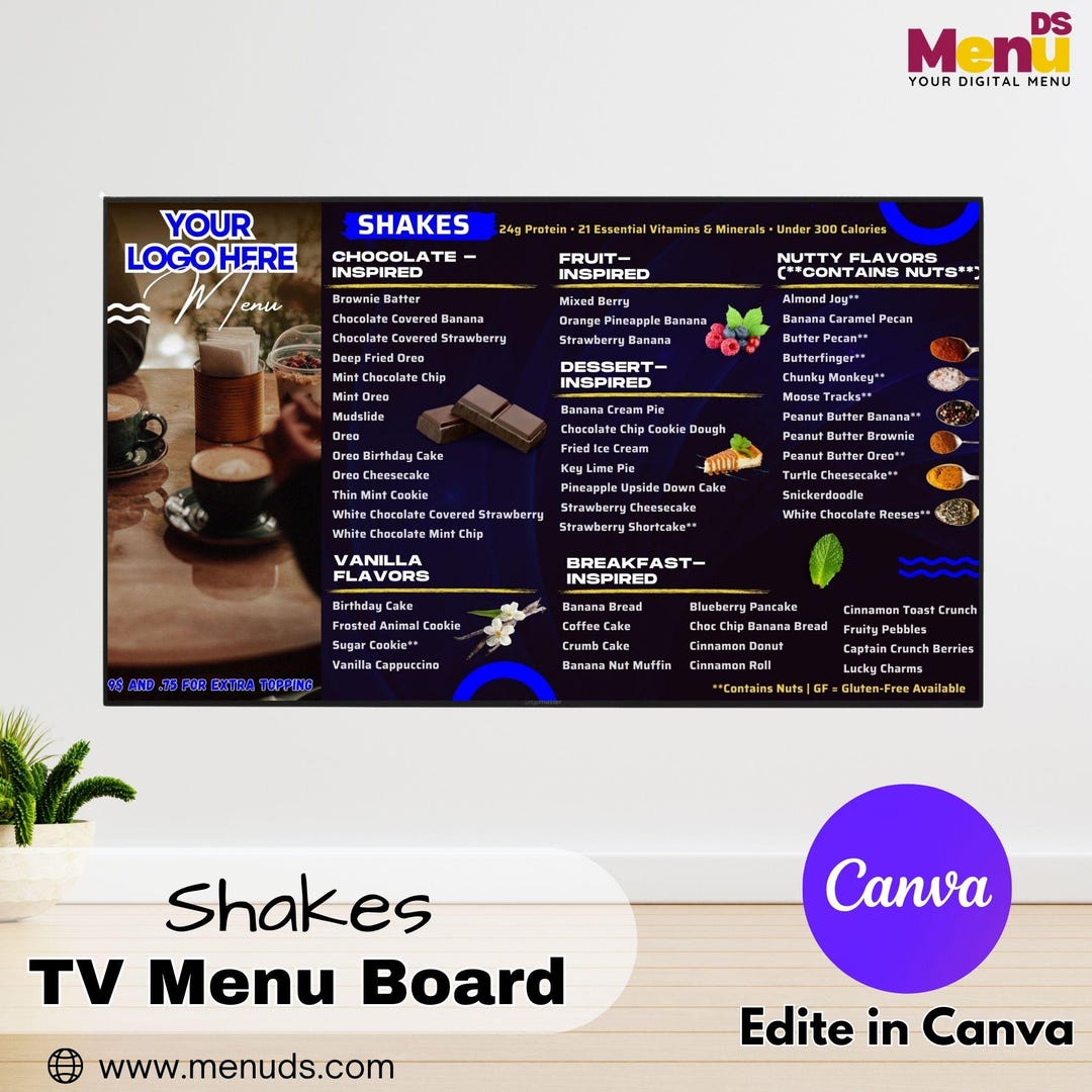 Shake Menu Board: Juice Bar TV Sign, Editable Canva Template (digital ...