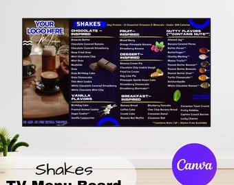 Shake Menu Board: Juice Bar TV Sign, Editable Canva Template (Digital Download)