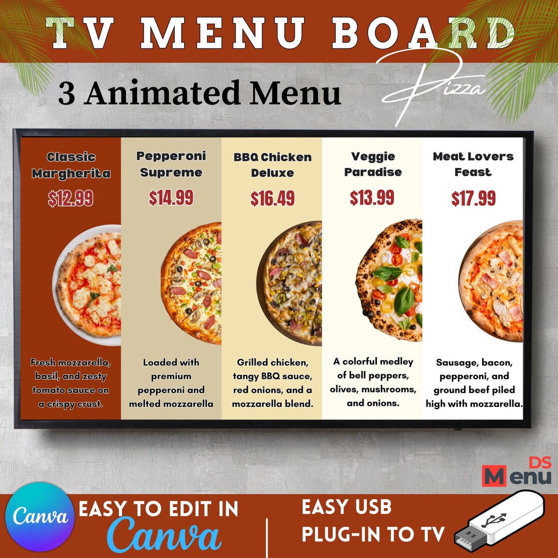 Animated Pizza TV Menu Board Template | Canva Digital Menu for Pizzeria ...