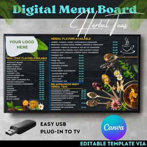 Kräutertee-Menütafel, echte Tees, TV-Menüprogramm, digitales Tv-Menü, Anzeigemenü im Tv, Canva-Vorlage, Postervorlage, bearbeitbar