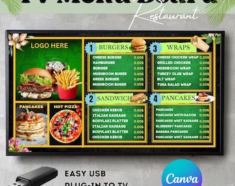 Restaurant TV Menu Board Template: Modern Design (Canva Editable)