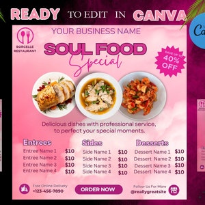 Folleto de comida para el alma rosa, Folleto especial de cena en redes sociales, Menú de cena, Folleto de venta de cena dominical, Marca de plantilla de comida de menú, Plantilla Canva