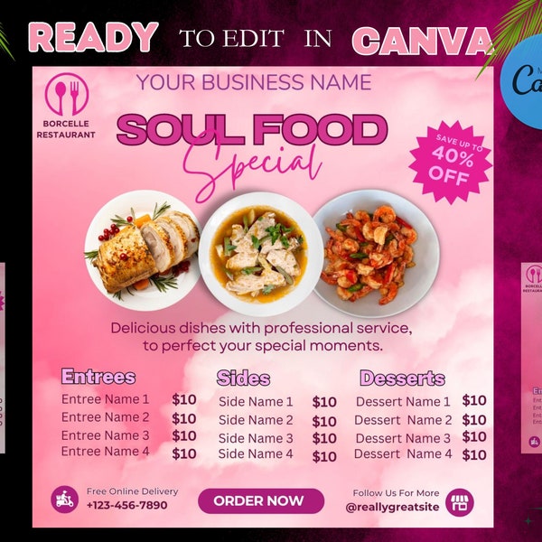 Pink Soul Food Flyer, Diner Speciale Social Media Flyer, Dinermenu, Zondagdiner Sale Flyer, Menu Food Template Branding, Canva Template