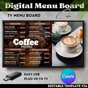 Painel de menu digital para cafeterias e cafés – moderno e personalizável, painel de menu de TV, modelo Canva editável.