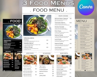 Może przedstawiać: Szablon menu restauracji o nowoczesnym designie. Menu zawiera różnorodne dania, w tym owoce morza, makarony i sałatki. Menu jest łatwe w edycji i personalizacji za pomocą Canva.