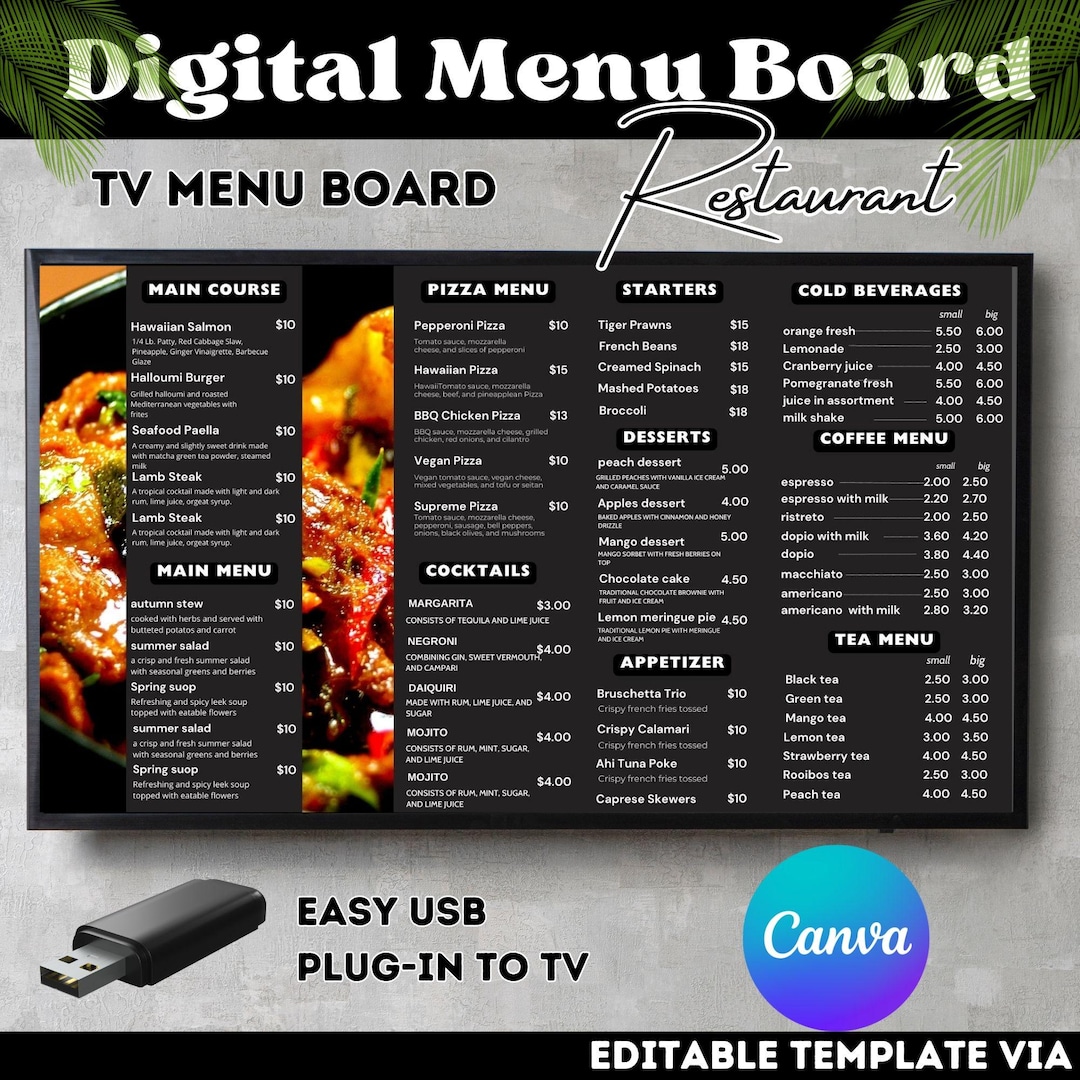 DIY Digital Menu Board Template – Editable Canva Design for Restaurant ...