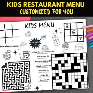 Menù personalizzato per ristoranti per bambini: modello di gioco stampabile (PDF)