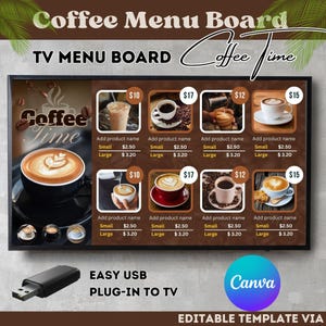 Modelo de menu de café digital, quadro de TV de cafeteria, design de menu editável, quadro de menu faça você mesmo, sinalização fácil de restaurante, modelo Canva