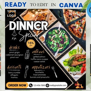 Edytowalny szablon ulotki specjalnej kolacji dla restauracji | Projekt menu Canva Food i niedzielnej oferty dla promocji małych firm | Wyprzedaż kolacji
