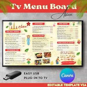 Tablero de menú asiático de EE. UU., Menú de comida asiática, Plantilla de menú de restaurante asiático, Tablero de menú de TV, Tablero de menú editable, Plantilla Canva.