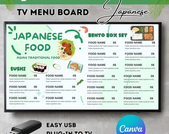 Japanese Food TV Menu Board Template: Sushi & Bento (Canva Editable, Digital Download)