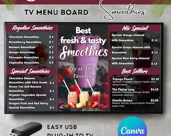 Smoothie Digital Menu Board Template: Editable TV Display (Canva)