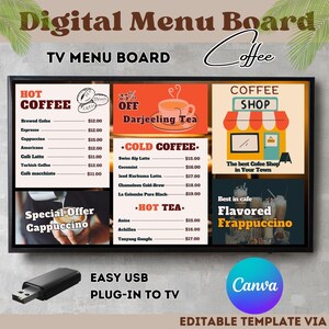 Hot Coffee Shop Menu Board | Modelo Canva editável para cafés | Sinalização digital personalizável para opções de bebidas e ofertas especiais