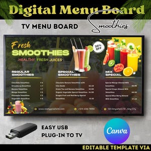 Smoothie Digitale Menü-Brett Vorlage für TV | Einfach anzupassen und anzuzeigen | Leicht zu bearbeitende Menüleiste | Canva Bearbeitbare Menüvorlage