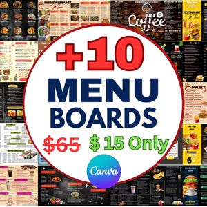Os 12 melhores painéis de menu digitais, painéis de menu de TV, painéis de menu de restaurantes, painéis de menu de bebidas, modelos editáveis via Canva, pacote de painéis de menu.