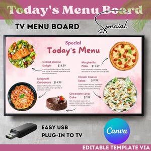 Specjalne dzisiejsze menu, animowana cyfrowa tablica menu, edytowalny szablon Canva, niestandardowy wyświetlacz codziennych specjałów, projekt menu telewizyjnego DIY dla restauracji