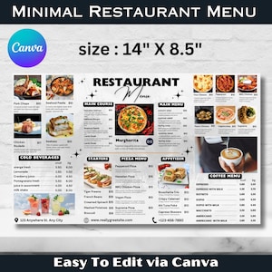 Plantilla de menú de restaurante personalizable / Diseño de menú de restaurante moderno / Menú digital fácil de usar / Descarga instantánea / Plantilla Canva