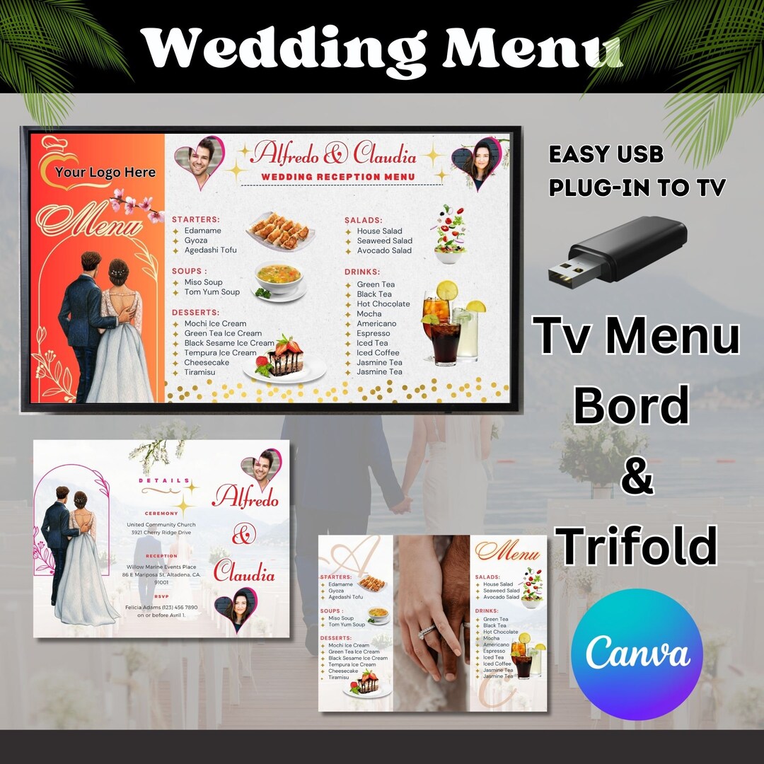 Reception Menu Sign Wedding Reception Menu, Wedding Menu Template, Tv Menu Board, Trifold ...
