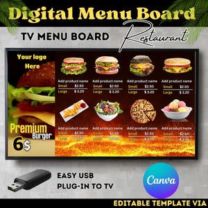 Edytowalna cyfrowa tablica menu dla restauracji Burger | Projekt tablicy menu telewizyjnego | Szablon Canva | Natychmiastowe pobranie
