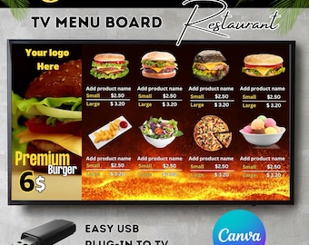 Burger Restaurant TV Menu Board: Editable Canva Template (Digital Download)