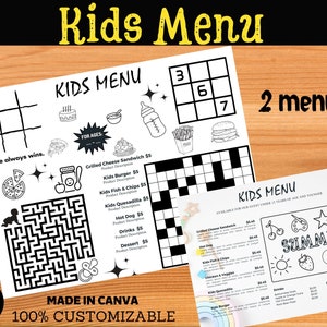 Diseño de menú para niños, menú de restaurante imprimible, juego de simulación de chef para niños, restaurante, juego dramático para niños, plantilla Canva