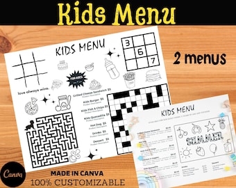 May include: Black and white printable kids menu with a summer theme. The menu includes a variety of food options, including grilled cheese, hot dogs, and fish and chips. The menu also includes a few games for kids to play while they wait for their food. The menu is made in Canva and is 100% customizable.